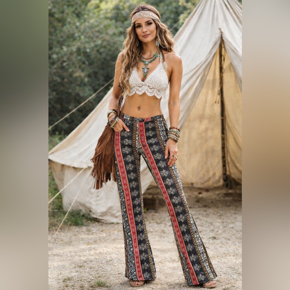 eye candy Black Boho Stripe Flare Pants with Red & Cream Accents